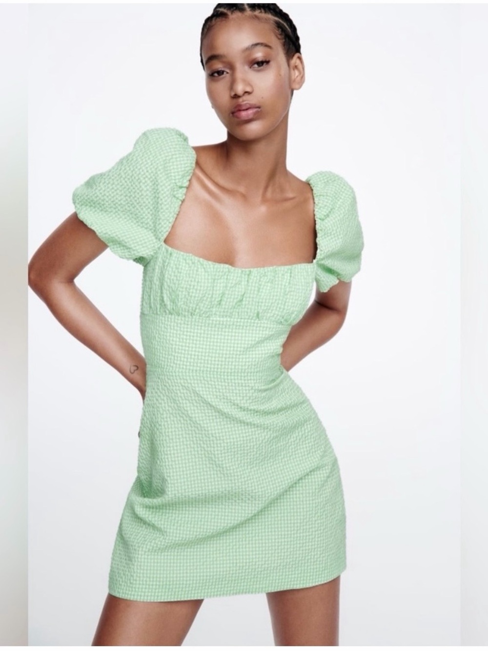 Zara green gingham puff sleeve mini dress